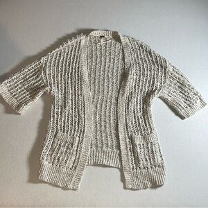 Free People Loose Knit Cotton Blend Open Half Sleeve Cardigan in Cream, Small